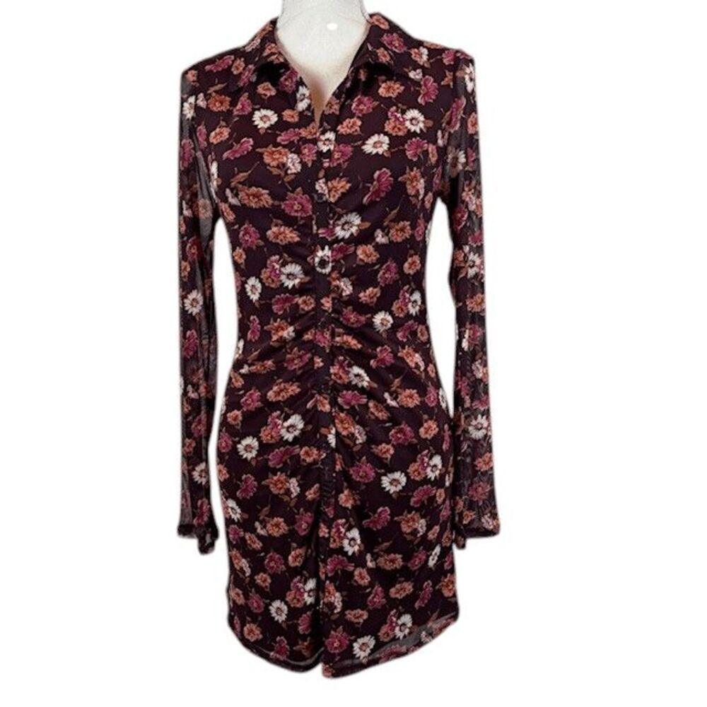 Live to be Spoiled Gauzy Ruched Dress Bordeaux Wine Floral Button Front‎ Medium